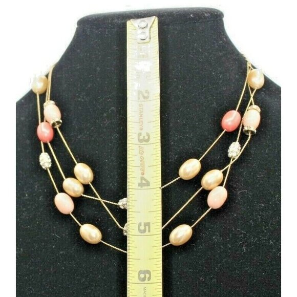 Monet Necklace Triple Strand Pink Signed Goldtone Clear Rhinestones Adjustable - Picture 6 of 8
